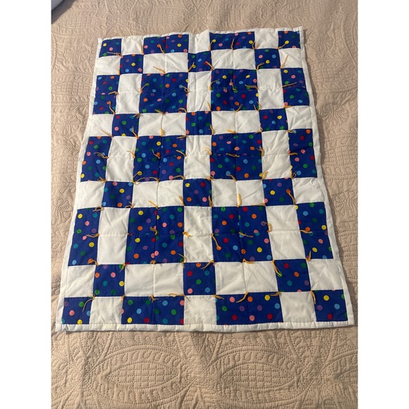 Handmade Other - Handmade Patchwork Baby Quilt Blue Polka Dot Hand Tied Nursery Blanket 26x34